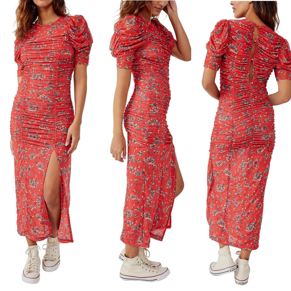 Free People Brielle Red Bloom Combo Ruched Long Slit Dress NWT NEW XL
